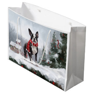 Boston Terrier Dog in Snow Christmas  Large Gift Bag