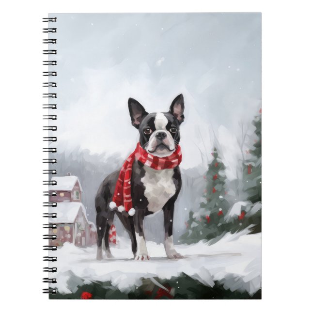 Boston Terrier Dog in Snow Christmas  Notebook (Front)