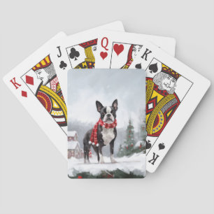 Boston Terrier Dog in Snow Christmas Playing Cards