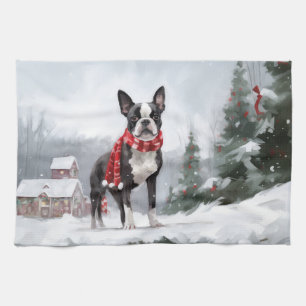 Boston Terrier Dog in Snow Christmas Tea Towel