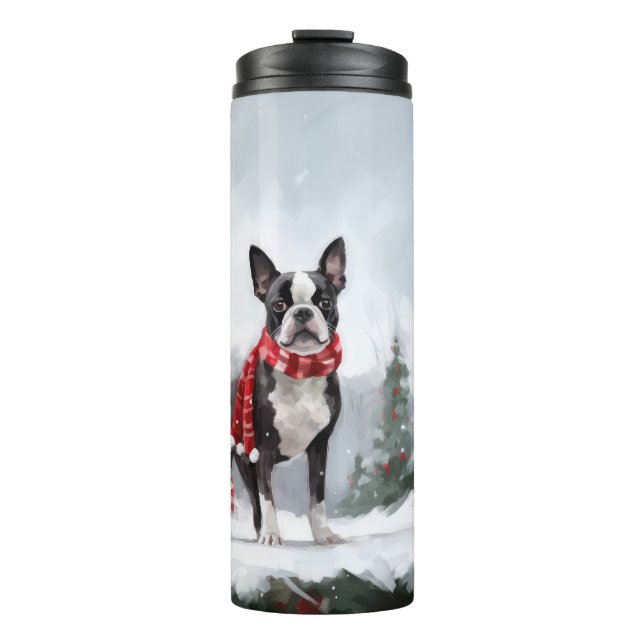 Boston Terrier Dog in Snow Christmas  Thermal Tumbler (Front)
