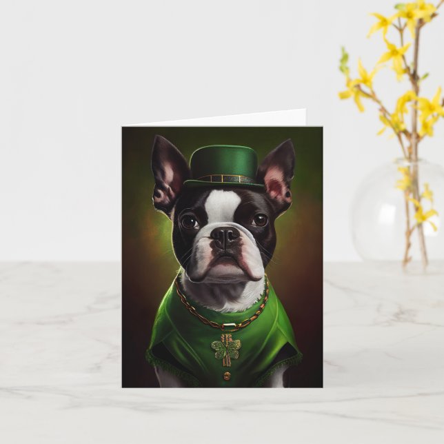 Boston Terrier dog in St. Patrick's Day Dress Card (Yellow Flower)