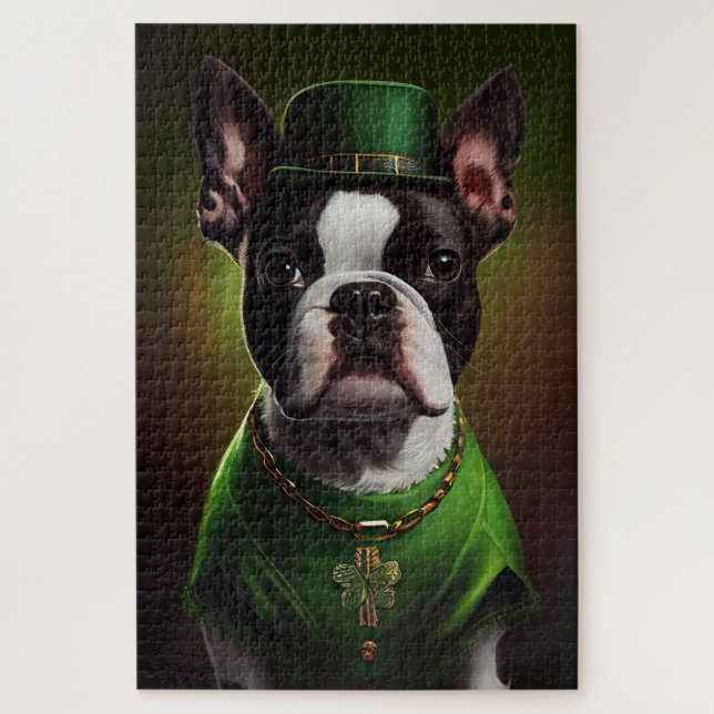 Boston Terrier dog in St. Patrick's Day Dress Jigsaw Puzzle (Vertical)