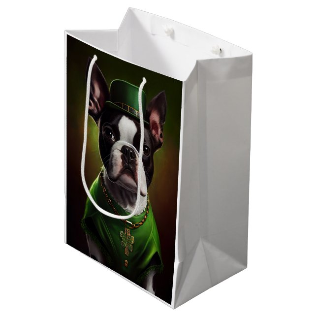 Boston Terrier dog in St. Patrick's Day Dress Medium Gift Bag (Front Angled)