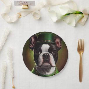 Boston Terrier dog in St. Patrick's Day Dress Paper Plate