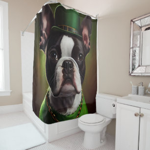 Boston Terrier dog in St. Patrick's Day Dress Shower Curtain
