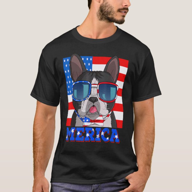 Boston Terrier Dog Merica 4th Of July American Fla T-Shirt (Front)
