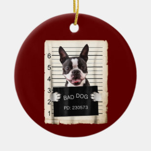 Boston terrier dog mug shot bad dog ceramic tree decoration