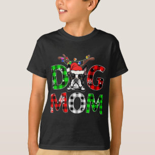 Boston Terrier Dog Mum Buffalo Plaid Xmas Reindeer T-Shirt