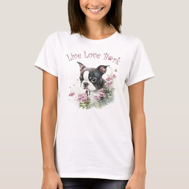 Boston Terrier Dog Mum Floral T-Shirt (Front)
