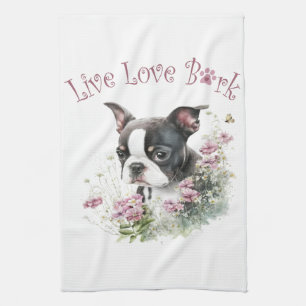 Boston Terrier Dog Mum Floral Tea Towel