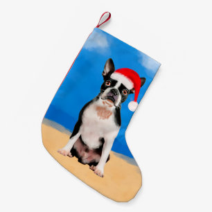 Boston Terrier Dog On Beach Christmas Hat Small Christmas Stocking