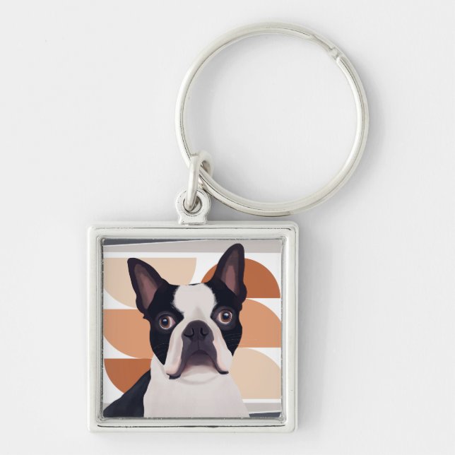 Boston Terrier Dog – Orange Geometric Key Ring (Front)