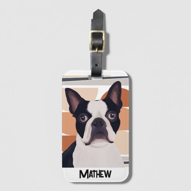 Boston Terrier Dog – Orange Geometric Luggage Tag (Front Vertical)