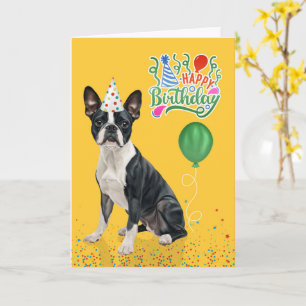 Boston Terrier Dog Party Hat Yellow Birthday Card