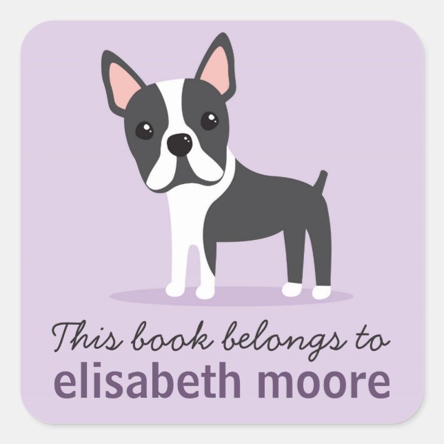 Boston terrier dog personalised bookplate book square sticker (Front)