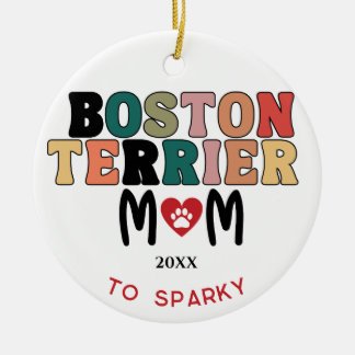 Boston Terrier Dog Photo Mum Heart Ceramic Tree Decoration