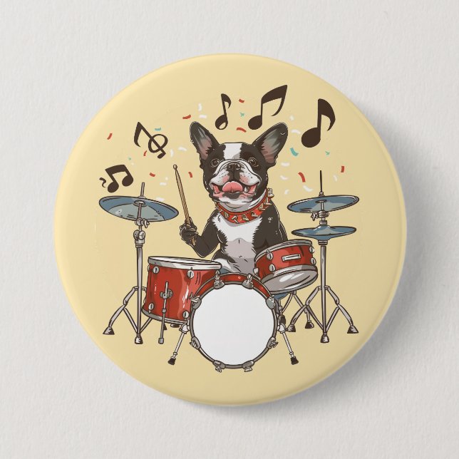 Boston Terrier Dog Playing Drums 7.5 Cm Round Badge (Front)