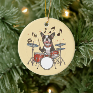 Boston Terrier Dog Playing Drums Ceramic Tree Decoration