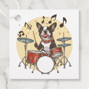 Boston Terrier Dog Playing Drums Favour Tags