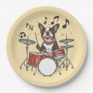 Boston Terrier Dog Playing Drums Paper Plate