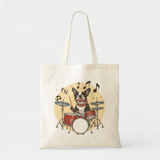 Boston Terrier Dog Playing Drums Tote Bag (Front)