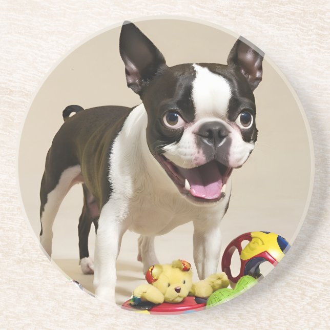 Boston Terrier Dog Playing with Toys Coaster (Front)