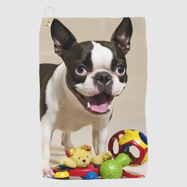 Boston Terrier Dog Playing with Toys Golf Towel (Front)