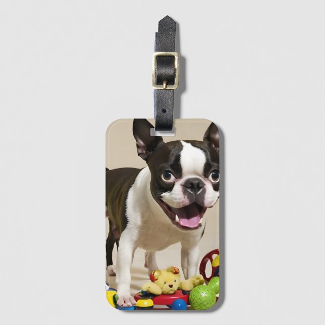 Boston Terrier Dog Playing with Toys Luggage Tag (Front Vertical)