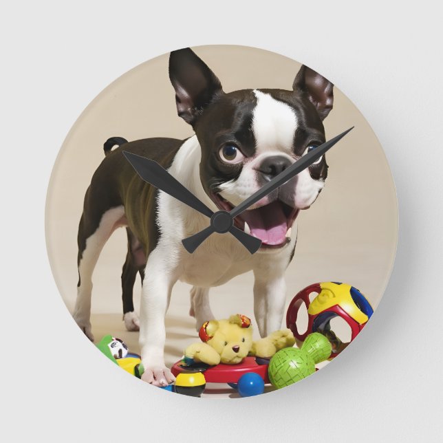 Boston Terrier Dog Playing with Toys Round Clock (Front)