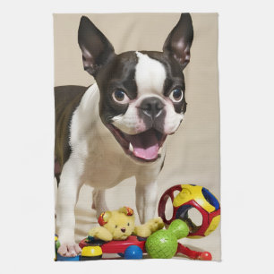 Boston Terrier Dog Playing with Toys Tea Towel