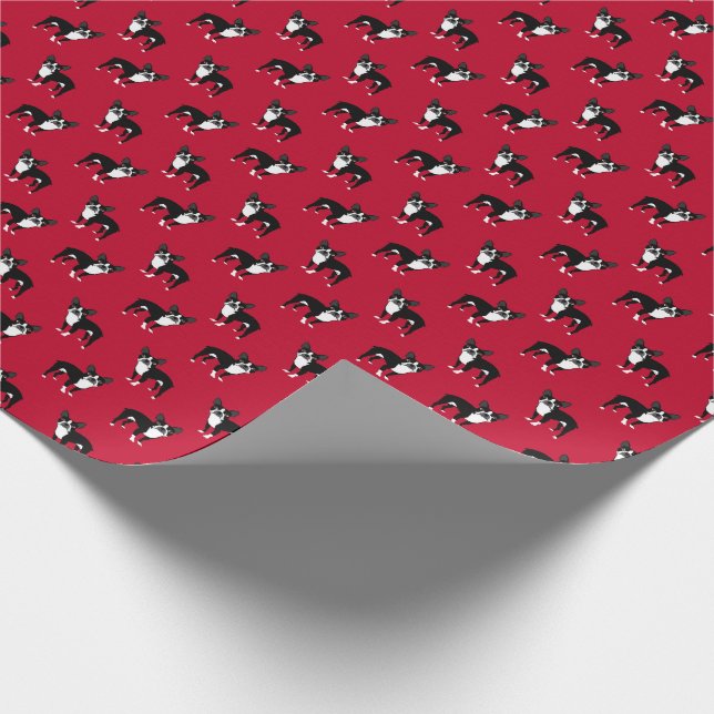 Boston Terrier Dog Red Christmas Wrapping Paper (Corner)