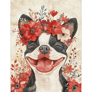 Boston Terrier Dog Red Floral Playing Cards
