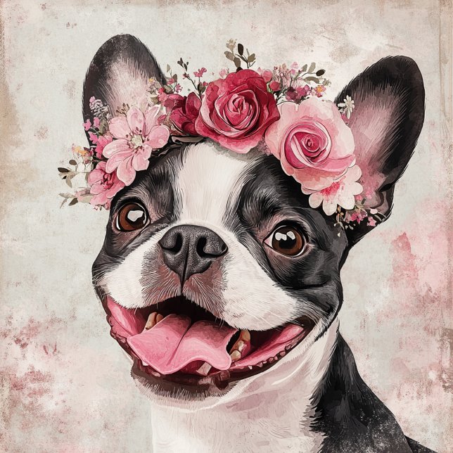 Boston Terrier Dog Red Floral Tote Bag (Creator Uploaded)