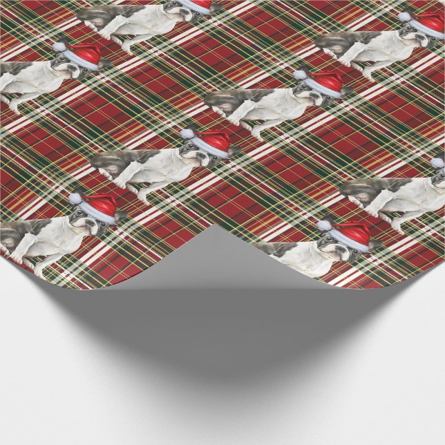 Boston Terrier Dog Red Green Plaid Christmas Wrapping Paper (Corner)