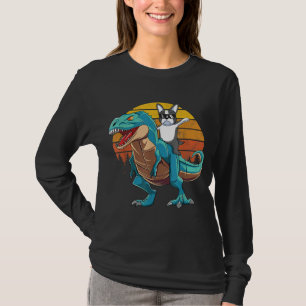 Boston Terrier Dog Riding Dinosaur T Rex Boys T-Shirt