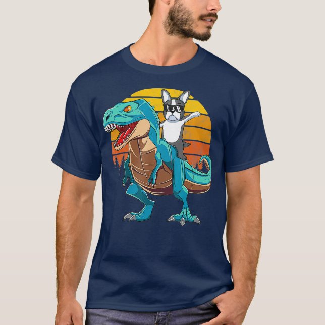 Boston Terrier Dog Riding Dinosaur T Rex Boys T-Shirt (Front)