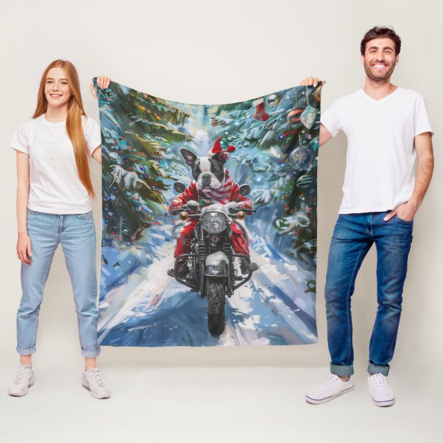 Boston Terrier Dog Riding Motorcycle Christmas Fleece Blanket (In Situ)