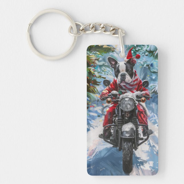 Boston Terrier Dog Riding Motorcycle Christmas Key Ring (Front)