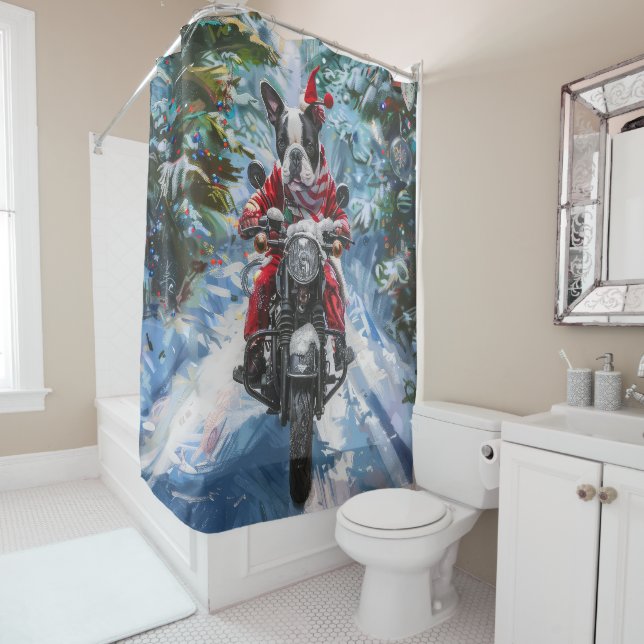 Boston Terrier Dog Riding Motorcycle Christmas Shower Curtain (In Situ)