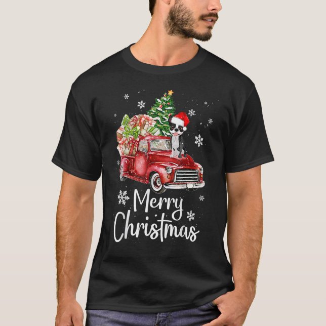 Boston Terrier Dog Riding Red Truck Christmas Tree T-Shirt (Front)
