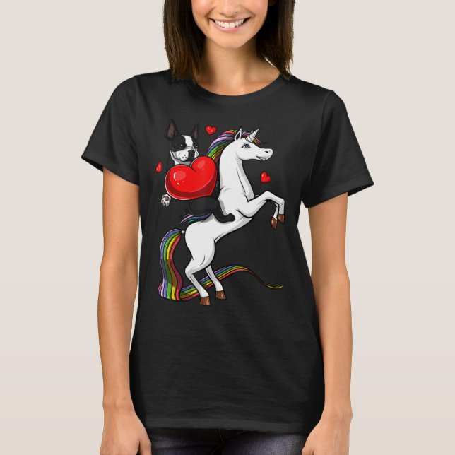Boston Terrier Dog Riding Unicorn Valentines Day T T-Shirt (Front)
