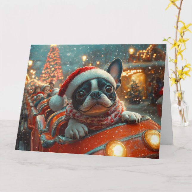 Boston Terrier Dog Roller Coaster Christmas Card (Yellow Flower)