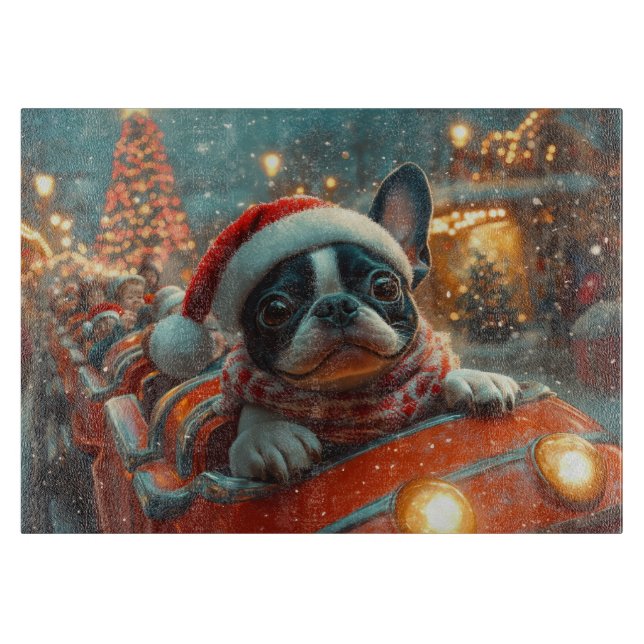Boston Terrier Dog Roller Coaster Christmas Cutting Board (Front)