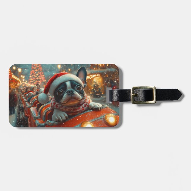 Boston Terrier Dog Roller Coaster Christmas Luggage Tag (Front Horizontal)