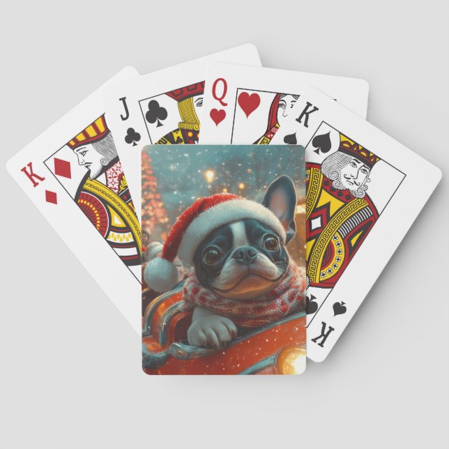 Boston Terrier Dog Roller Coaster Christmas Playing Cards (Back)