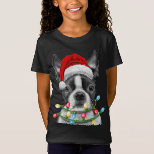 Boston Terrier Dog Santa Christmas Tree Lights Xma T-Shirt
