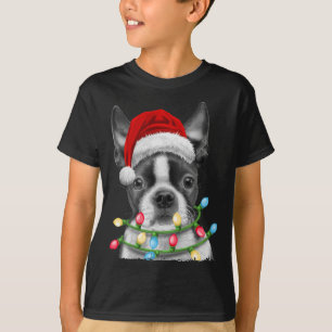 Boston Terrier Dog Santa Christmas Tree Lights Xma T-Shirt