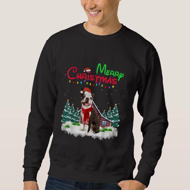 Boston Terrier Dog Santa Hat Christmas Lights Sweatshirt (Front)