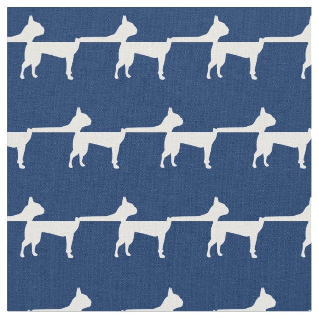 Boston Terrier Dog Silhouette Pet Navy Blue Fabric (Close Up)